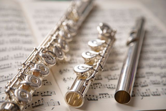 Instruments d'étude proposés à la location Violon d'étude et flûte traversière rangés dans leur étui sur un établi
